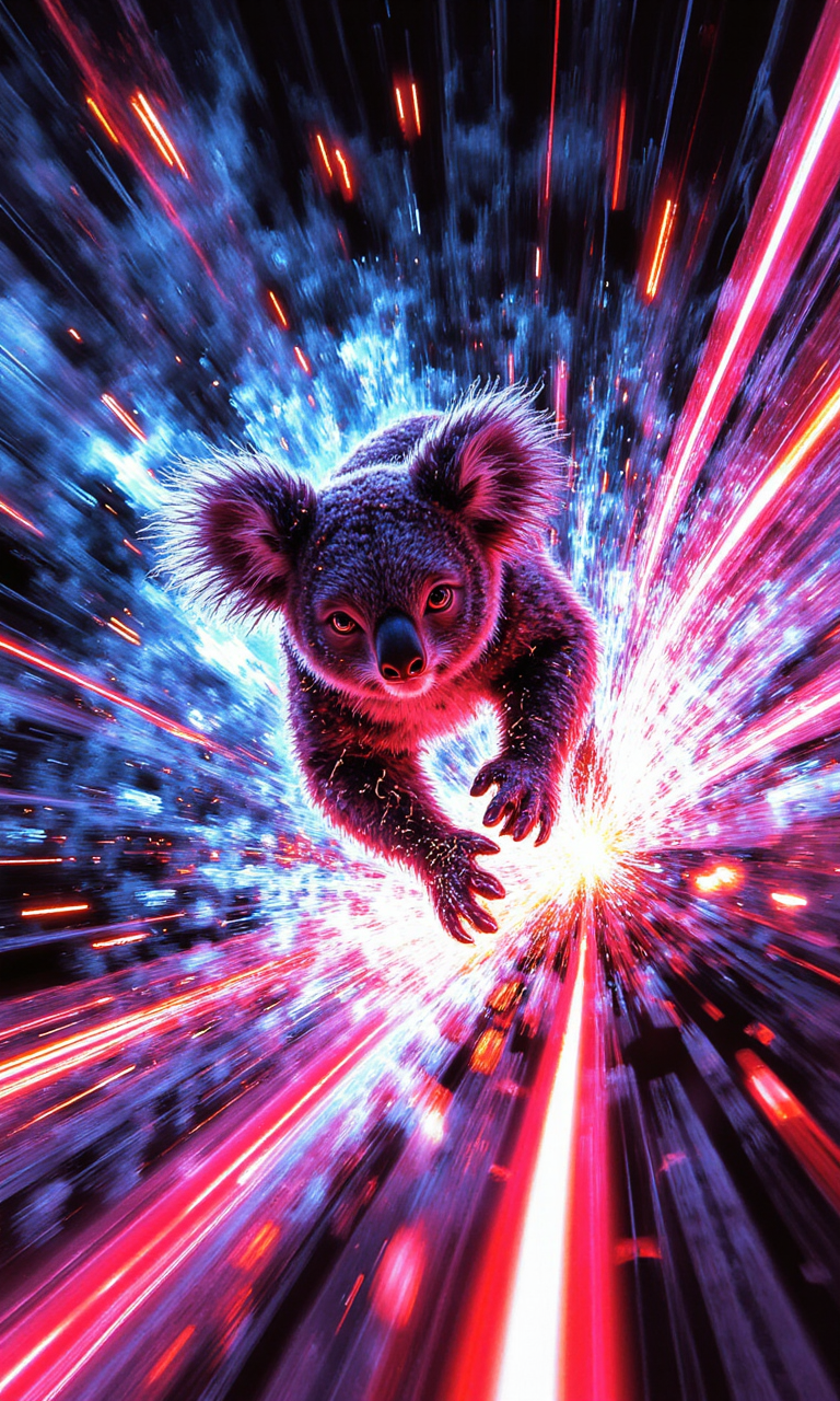 A koala traveling through a vibrant tunnel of light. The background is filled with dynamic streaks of blue and red light, creating a sense of rapid motion and energy. 