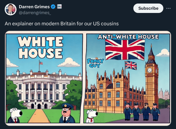 A tweet by Darren Grimes with an AI generated image of the White House and the Palace of Westminster captioned with "White House" and Anti-white House" respectively. Also Brian Griffin is there for some reason.