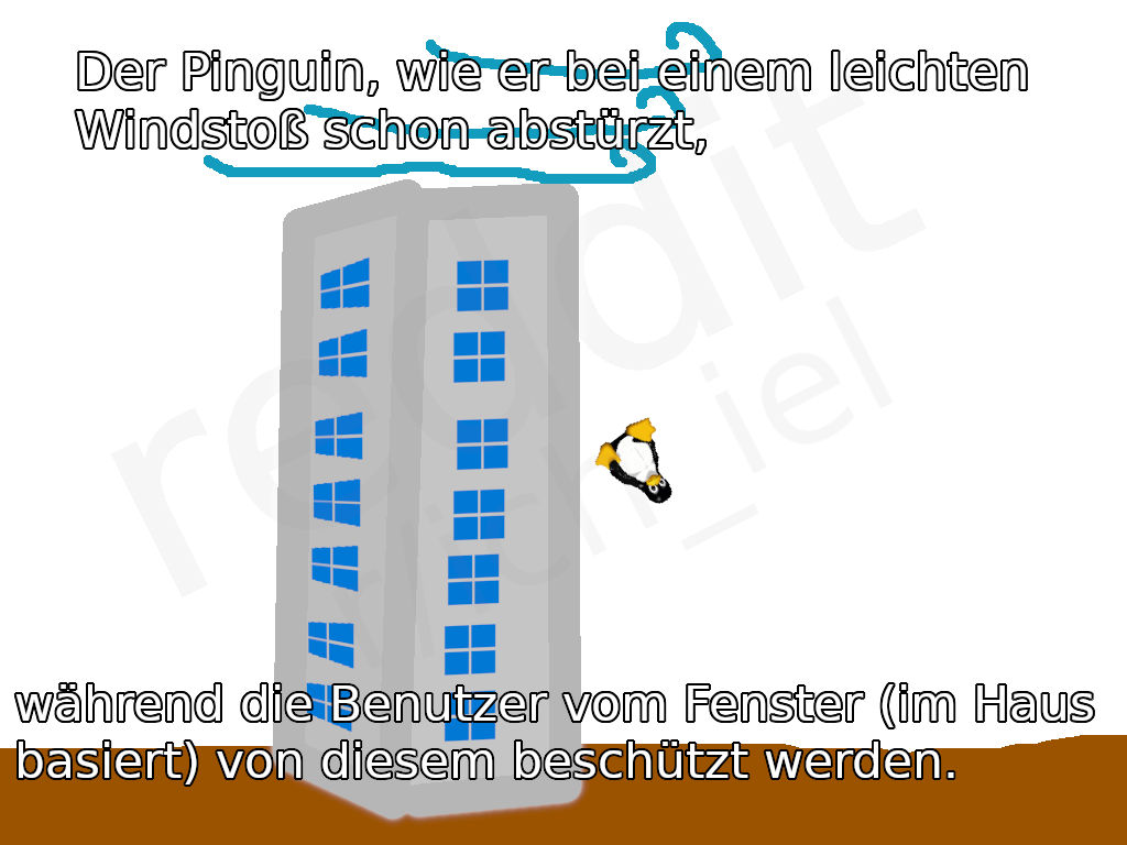 Ein gemaltes Hochhaus, die Fenster sind Microsoft Windows 10 und 11 Logos. Über dem Dach sind Kringel, die Wind symbolisieren. Rechts neben dem Haus fällt Tux Kopf-voran herunter. Der Hintergrund ist transparent. Text oben: "Der Pinguin, wie er bei einem leichten Windstoß schon abstürtz," Text unten: "während die Benutzer vom Fenster (im Haus basiert) von diesem beschützt werden."