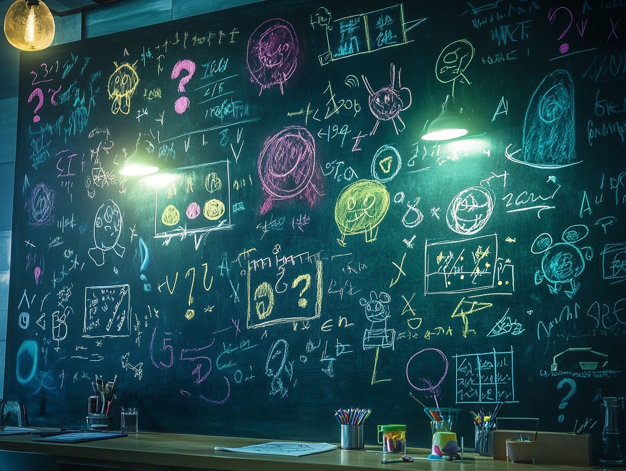 A blackboard filled with formulas and question marks